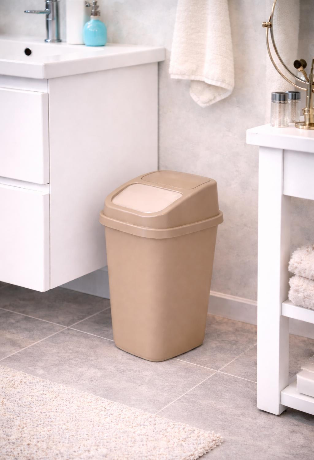Mojawo Afvalbak voor de badkamer met scharnierend deksel, 5 liter, beige