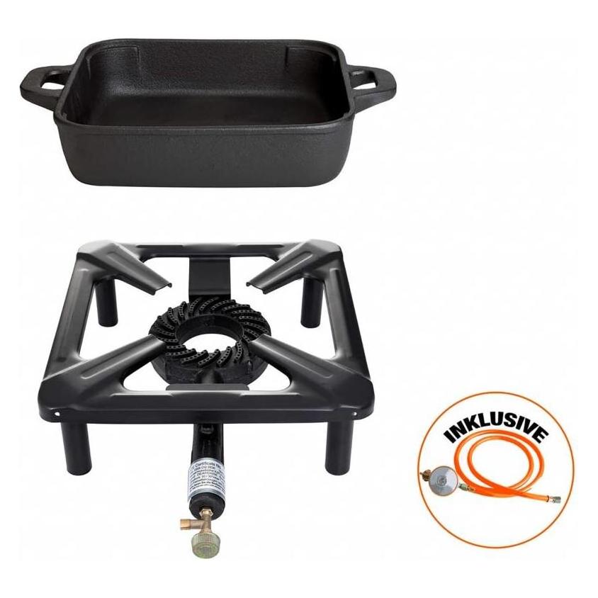 All'Grill Hockerkocher-Set (klein) mit Gusseisenpfanne 26 x 26 cm inkl. Gasschlauch & Regler (43781353)