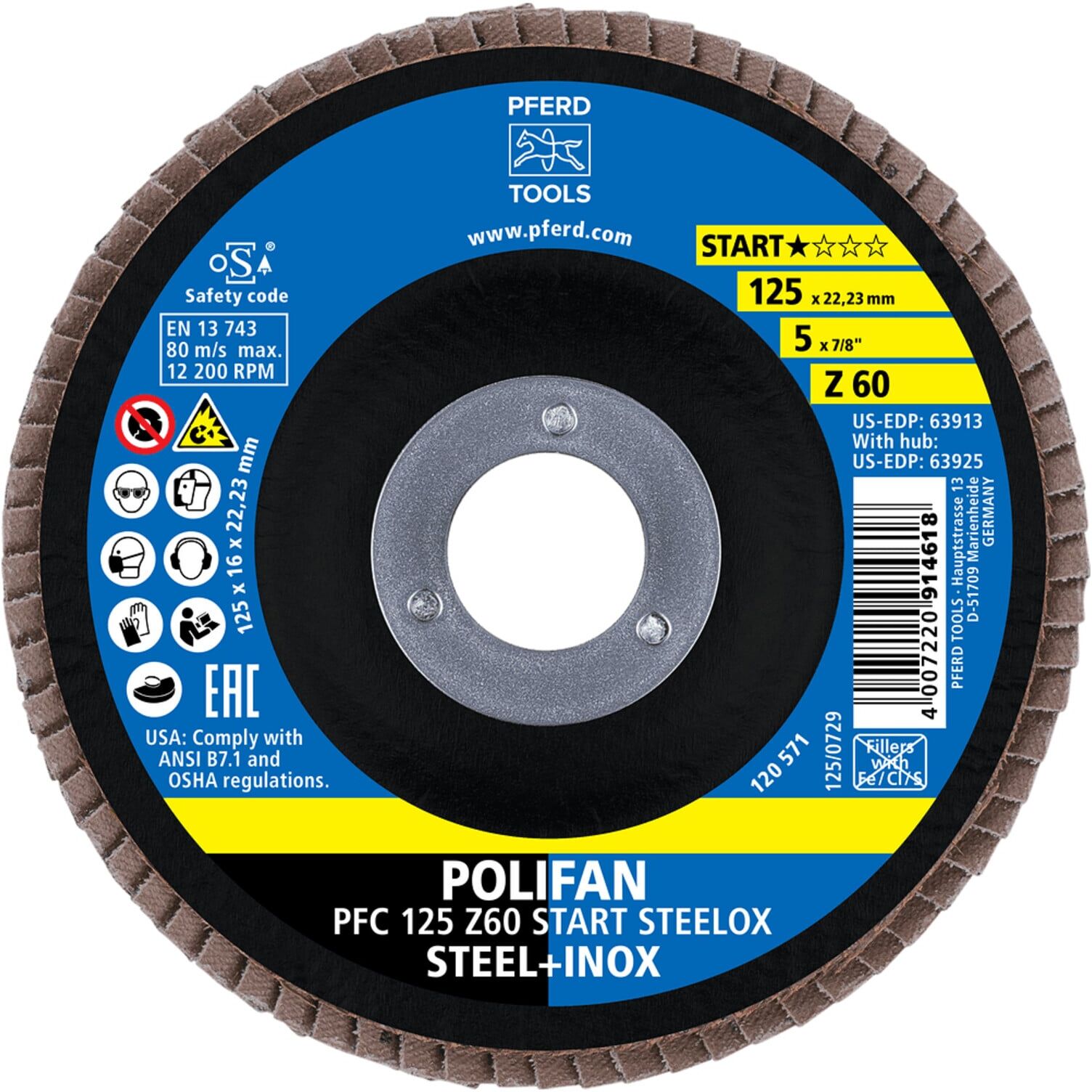 PFERD TOOLS POLIFAN Fächerscheibe PFC 125x22,23 mm konisch Z60 Startlinie START STEELOX Stahl/Edelstahl (69300935)