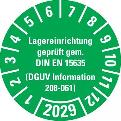 Dreifke® Prüfplakette Lagereinrichtung, DGUV Info.208-061, 2029, grün, Dokumentenfolie, Ø30mm, 18 Stk.