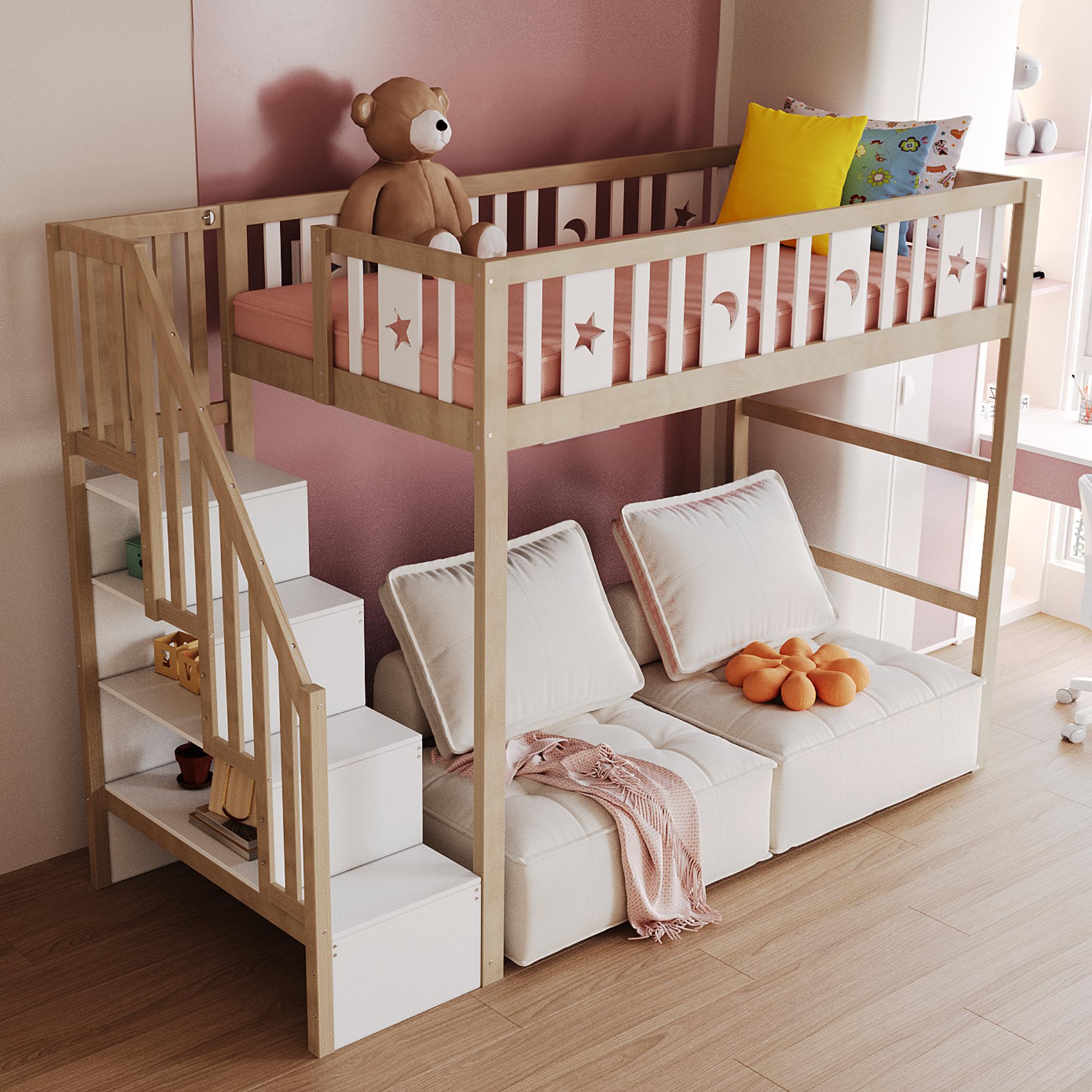 Kinderhochbett 90*200 mit Stauraum-Kletterleiter, Massivholz-Einzelbett mit Sicherheitsgeländern, Stern- und Monddekoration.Holzfarbe