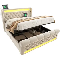 Polsterbett 160x200 cm mit LED-Beleuchtung und Stauraum – elegantes Design in Beige, hydraulischer Bettkasten, USB-Anschlüsse