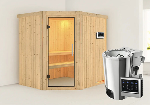 Plug & Play Sauna Karibu Silja inkl. 3,6 kW -Ofen und externe Steuerung ohne Dachkranz mit Ganzglastüre aus Klarglas