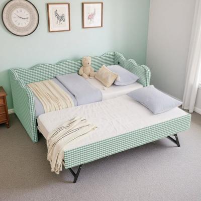 Twin Size Daybed with Trundle, Wave-Edge Sofa Bed, Solid Wood Frame Support, Foam Cushioned Upholstery