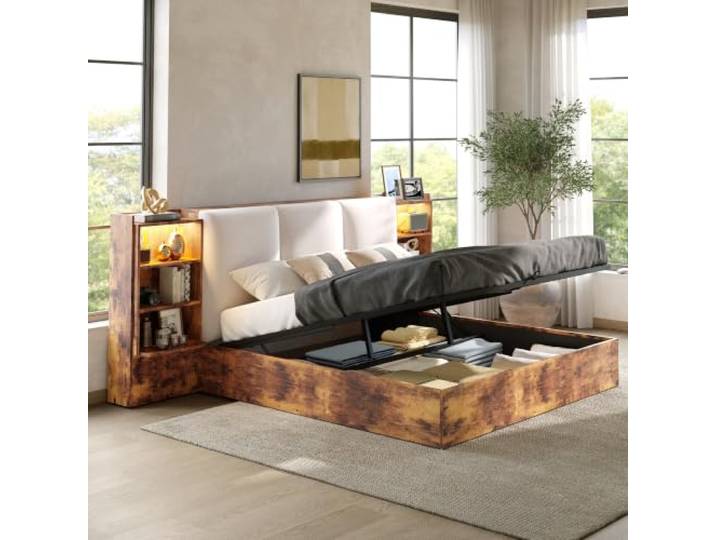 Holzbett Plattformbett 180x200 mit LED-Licht & Regal & Kopfteil, Braun Multifunktionales Doppelbett Bettgestell 180x200 mit LED-Beleuchtung, Regal, Kopfteil, Kissen und Stauraum, Ohne Matratze