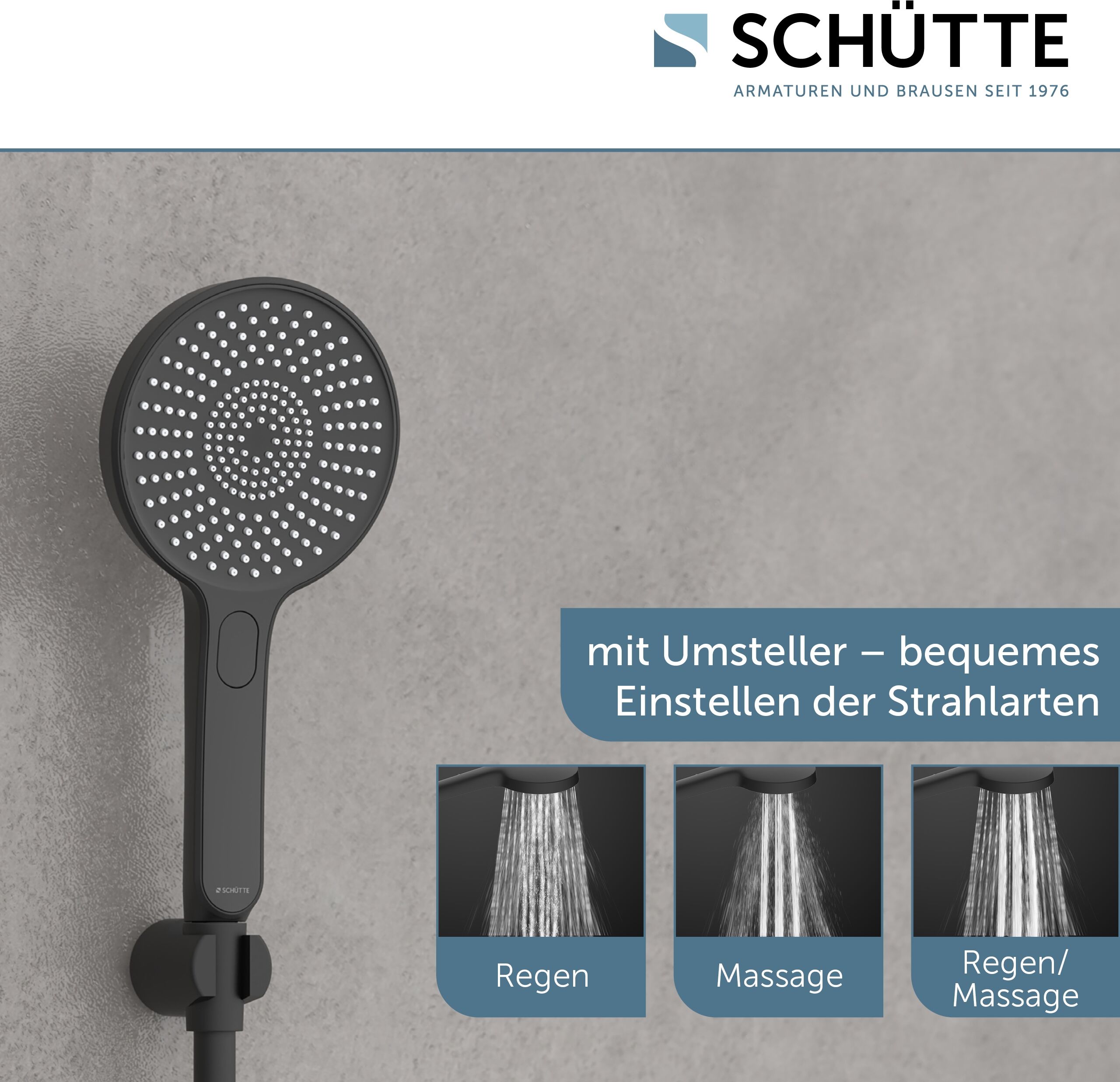 Handbrause SCHÜTTE "KARIBIK", schwarz (schwarz matt), B:13cm H:26cm, Duschköpfe, Handbrause, 3-fach verstellbar, mit Antikalknoppen, wassersparend, eckig