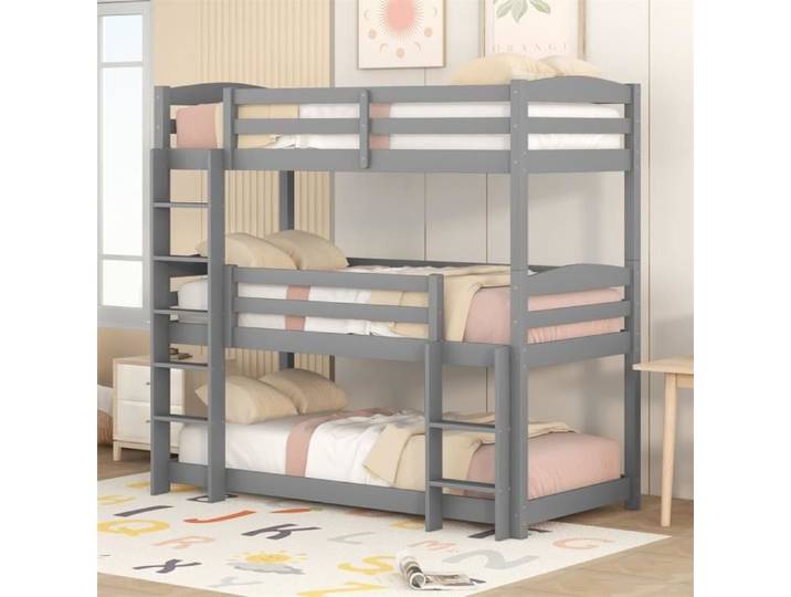 DRIPEX Lit superposé 90×200cm en bois pour enfants Trois lits avec échelles lit triple avec clôture de sécurité Gris H 191.5cm