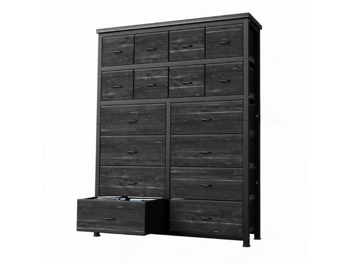 Koioplie Commode haute 16 tiroirs en tissu pour chambre structure métal et plateau bois style moderne - Noir