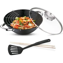 Renberg - Wok Ø28x9,4cm aus Gusseisen mit Glasdeckel, inklusive 2 Kochutensilien und Grillrost