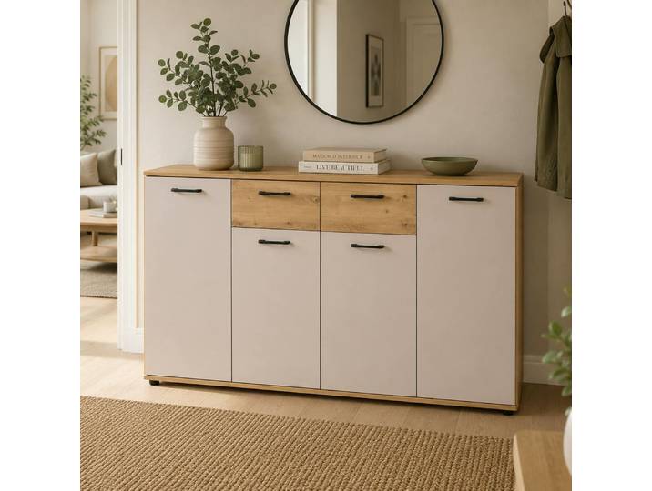Buffet Étroit Décor Bois Et Beige 4 Portes Alva