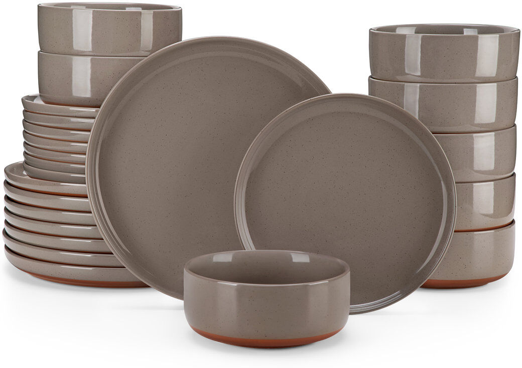 MALACASA 24 Pcs Ceramic Dinnerware Set, Plate And Bowls With Non Slip Base, Specks, Multicolor Set, Brown, Dinner Plates, Dessert Plates And Bowls For 8 Person Brown 24