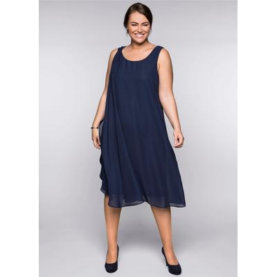 Chiffonkleid SHEEGO "Kleid", Damen, Gr. 48, Normalgrößen, blau (marine), 100% Polyester, unifarben, wadenlang, Rundhals, Kleider Chiffonkleid