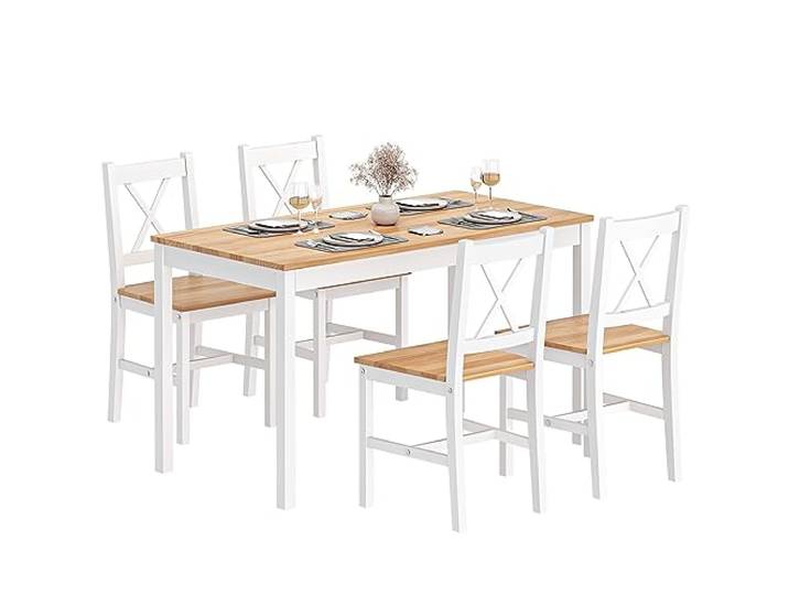 DlandHome 5-teiliges Esszimmer-Set mit 4 Stühlen, Küchenmöbel, aus Kiefernholz, Teakholz, Weiß