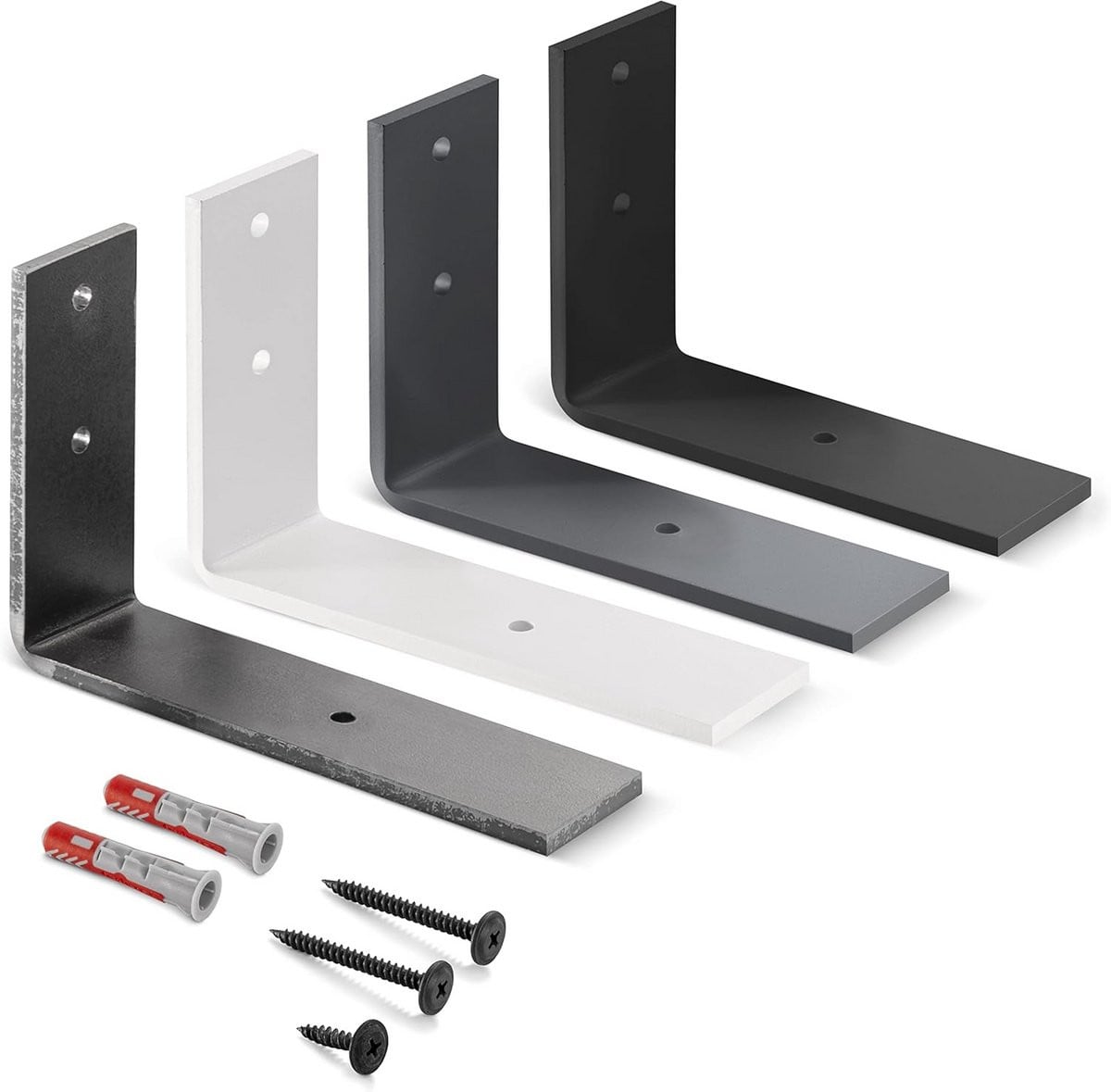 Set van 4 zwarte metalen L-vormige planksteunen inclusief schroeven en pluggen, 150 x 100 mm