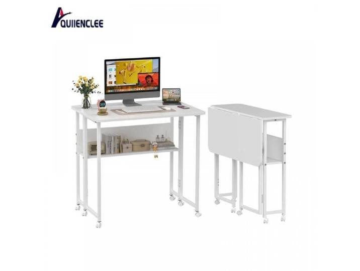 Bureau informatique pliant QUIIENCLEE 80x58x75cm bureau informatique avec serre-livres et roulettes meubles de bureau MDF blanc