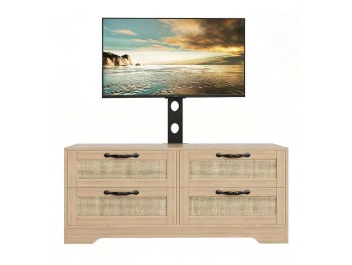 GarveeHome TV-Lowboard bis 70 Zoll Holz 4 Schubladen Rattan Natur Höhenverstellbare Halterung, Geflochtene Türen, Große Fächer, Farmhouse-Stil
