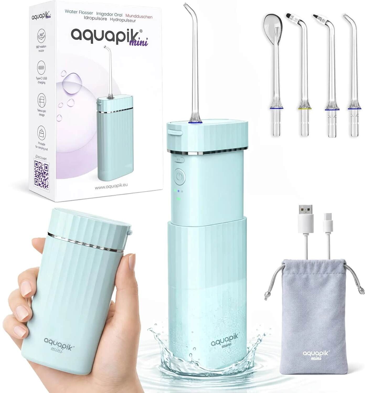 AquaPik Mini Irrigador Bucal Portátil Viajes Carga USB Azul 1 ud