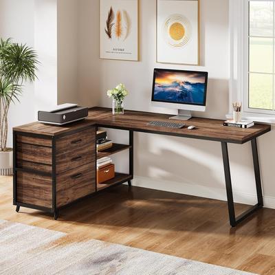 YUZHOU 53 Inch Reversible L Shaped Computer Desk, Corner Home Office Desk with 3 Drawers & Open Shelves