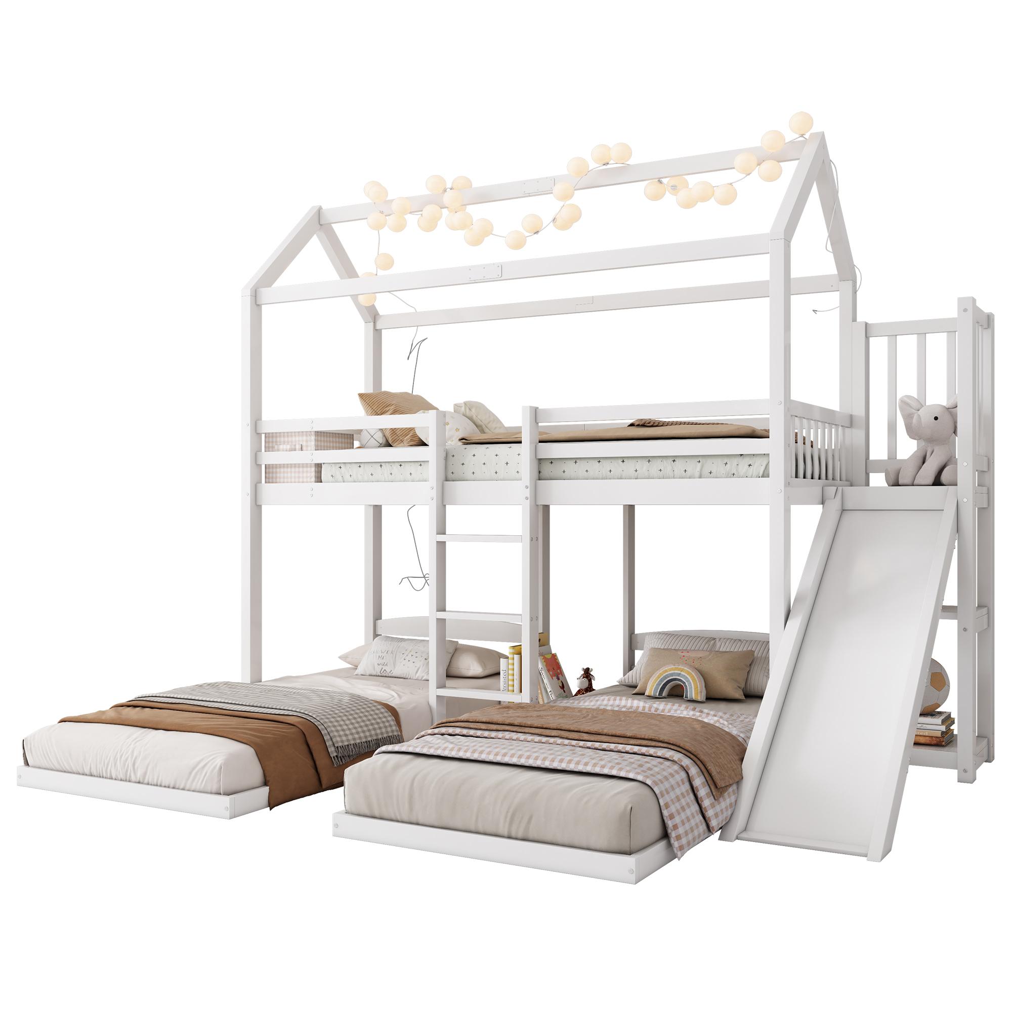 Etagenbett mit 3 Liegeflächen, Rutsche und Lattenrost, 90x200 cm, Kinderbett mit Rausfallschutz und Trittleiter