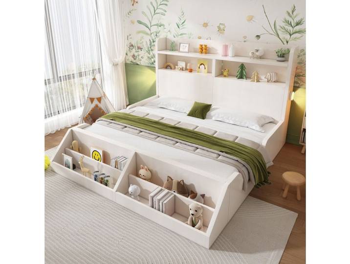 Lit Combiné Lit Double Étagères Bibliothèque Amovible et Veilleuses 140×200 cm sans Matelas