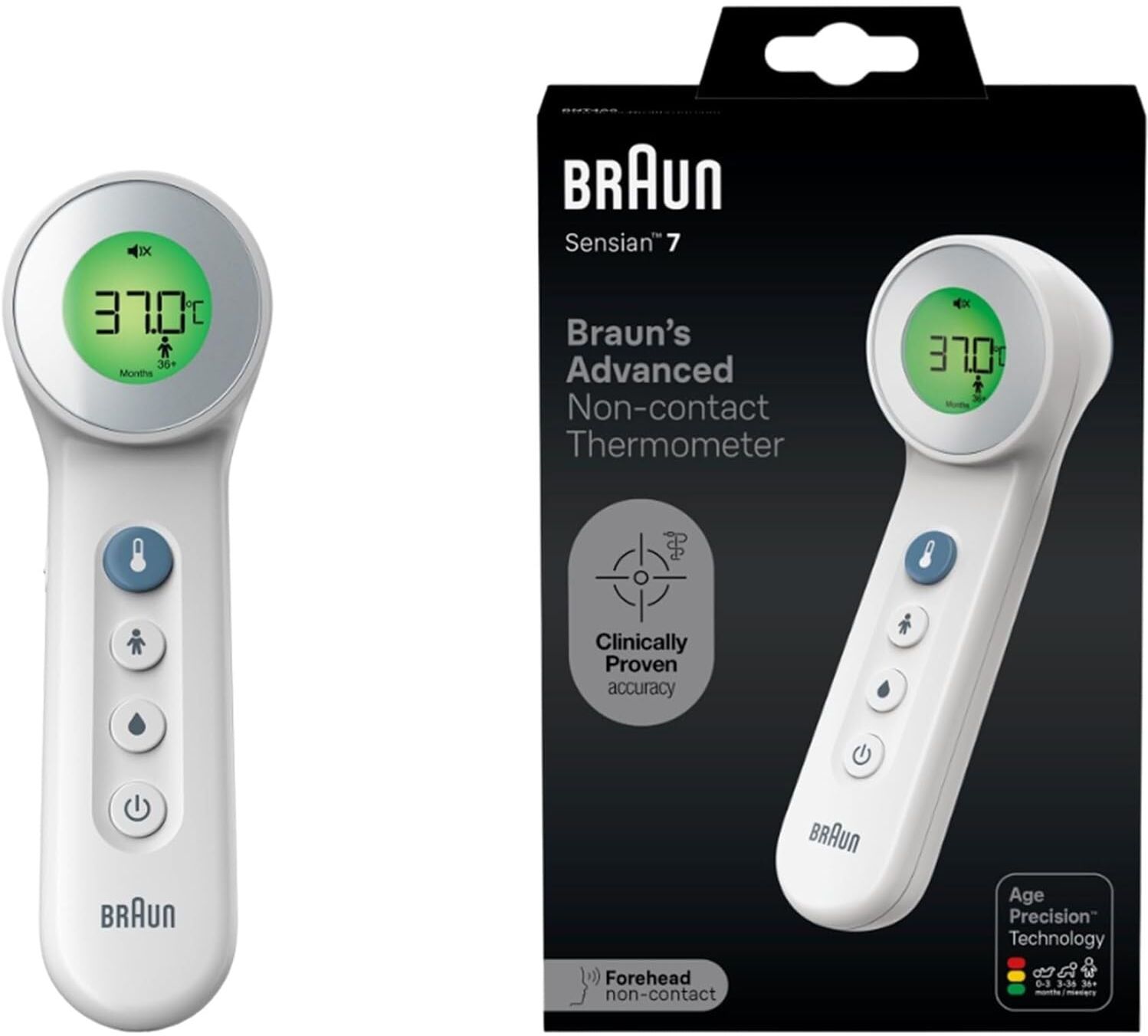 Braun Sensian 7 Forehead non-contact thermometer - Age Precision Technology - 3-in-1 Colour-Coded Digital Display - Baby and Child Friendly - BNT400B, New