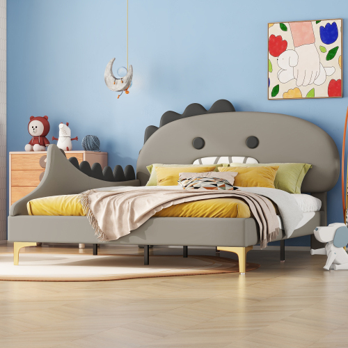 STILVORA Kinderbett 140x200cm Flachbett Doppelbett mit Lattenrost,Jugendbett Einzelbett mit Kopfteil in Dinosaurierform,Grau (mit Matratze)