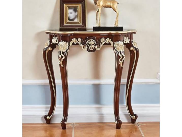 Französischer Provence Konsolentisch Massivholz Gold Schnitzerei Eingang Schmaler Vintage Eingangstisch Massivholz Hochglanzlackierung für Flur Wohnzimmer(B,140cm/55.1in)