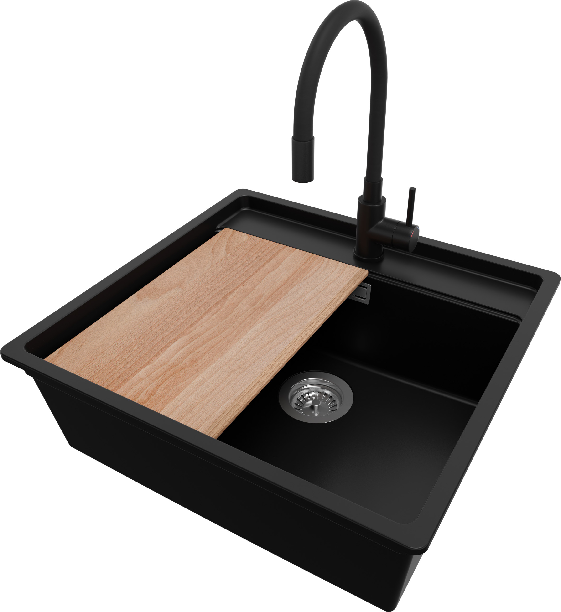PRIMAGRAN Unterbauspüle Granit Schwarz 56x53cm, Spülbecken 1 Becken + Ablauf-Set + Küchenzubehörset, Granitspüle ab 60er Unterschrank - Bergen