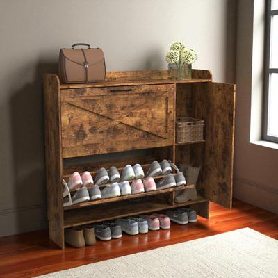 Fundinbaths Shoe Cabinet with 2 Flip Drawers and Mirror, Rustic Brown Narrow Shoe Rack with Adjustable Dividers and Metal Legs for Entryway