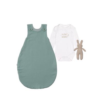 Erstausstattungspaket LILIPUT "Kleines Wunder", Mädchen, Gr. 44, grün (weiß, grün), 100% Baumwolle, KOB Set-Artikel Erstausstattungspaket, mit Body, Musselinschlafsack und Strick-Hasen