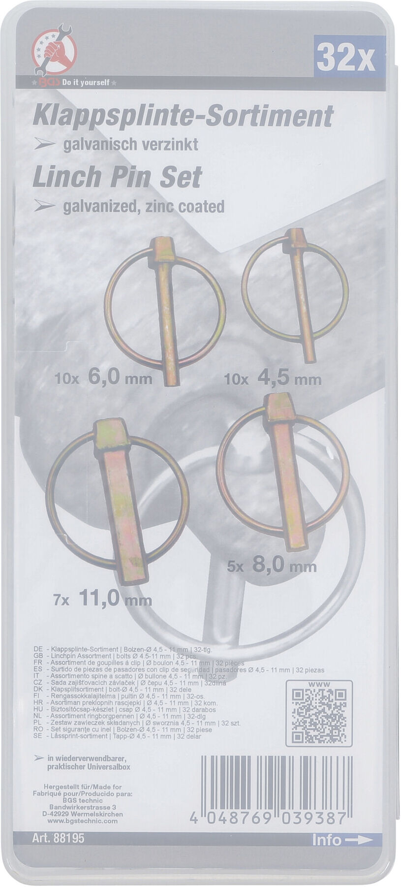 BGS Do it yourself Klappsplinte-Sortiment 88195, Bolzen-Ø 4,5 - 11 mm, 32-tlg.)