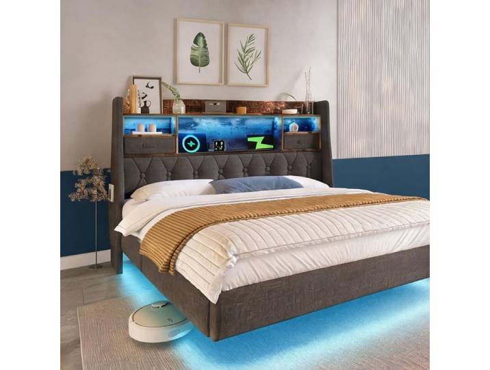 Lit double suspendu avec éclairage LED et rangement intégré 140x200 cm lin gris doux