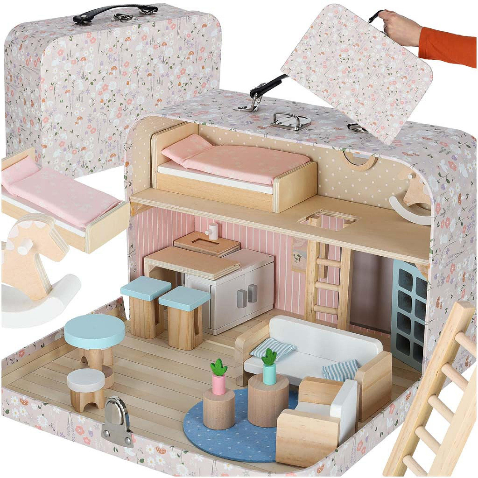 Kik Poppenhuis in een koffer met houten accessoires en meubels
