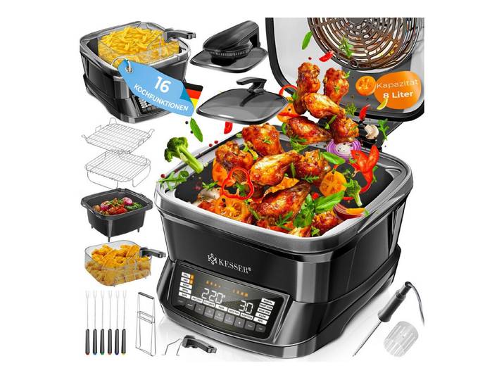 KESSER Multikocher Küchengerät mit 16 Programmen Grillen, Backen, Schmoren, Dampfgaren, 1800 W, All-in-One Slow Cooker, Schnellkochkopf, Heißluftfritteuse, Reiskocher