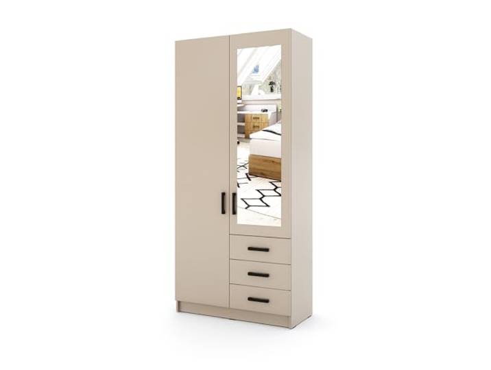 Marlux-Meble Kleiderschrank Sigma 90 mit Spiegel, 2 Türen, Korpus Kaschmir 90 cm Kleiderschrank mit Spiegel, 2 Drehtüren, 3 Schubladen, Korpus, Türen und Schubladen in Kaschmir