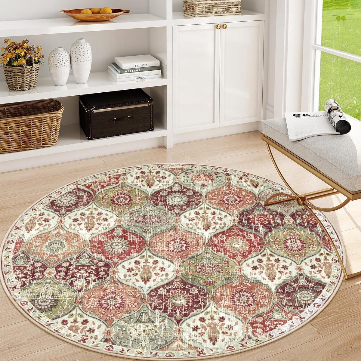 Rond Vloerkleed met Bloemenmotief in Vintage Stijl, Kunstwol, Oranje Terracotta