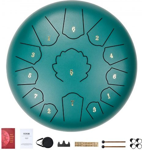 VEVOR Steel Tongue Drum 13 Tonen in C Majeur, Groen, met 2 Mallets & Draagtas, 305mm