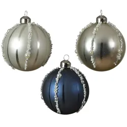 Christmas Decorations 3 Weihnachtskugeln 8cm Glas mit Muster Perlen Christbaumkugeln blau weiß silber