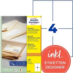 Avery Zweckform Recycling-Universaletiketten DIN A6 permanent naturweiß 105x148 mm 400 Stück LR3 weiß