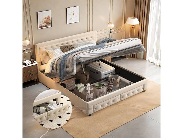 Lit rembourré Rosahqnda avec rangement, lit double moderne, lit avec coffre hydraulique et tiroirs, 160/180 x 200 cm, sans matelas