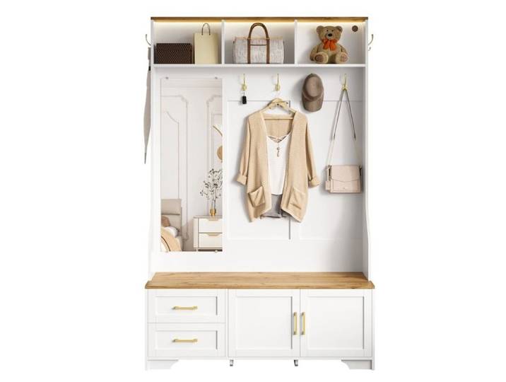 Meuble entrée LED multifonctionnel blanc bois miroir crochets tiroirs rangement moderne couloir
