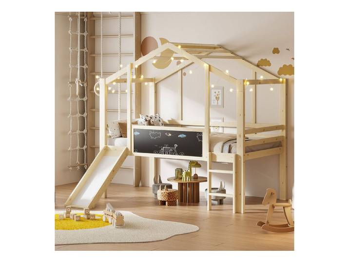 Merax Hochbett im Hausstil (1-St., Etagenbett Jugendbett Einzelbett) Massivholz Kinderbett 90x200cm mit Rutsche, Leiter, Tafel & Dach