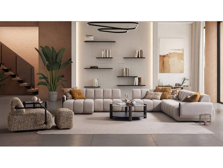 JVmoebel Ecksofa Stilvolles Ecksofa in Grau mit Sessel und Pouf