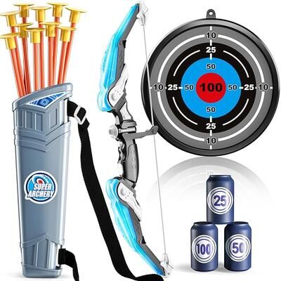 Perfect Picks Market LED Light Up Kids Bow And Arrow Set With Target Quiver And Suction Arrows Outdoor Archery Toy blue Bow And Arrow