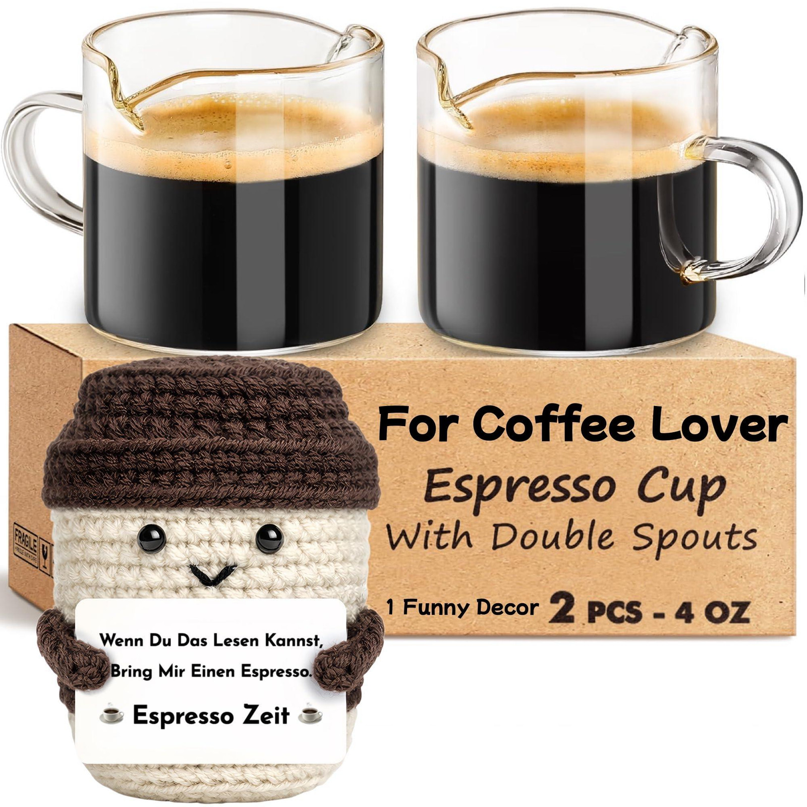 Dripio Set van 2 hittebestendige glazen espressobekers met dubbele uitgietopening, 120 ml