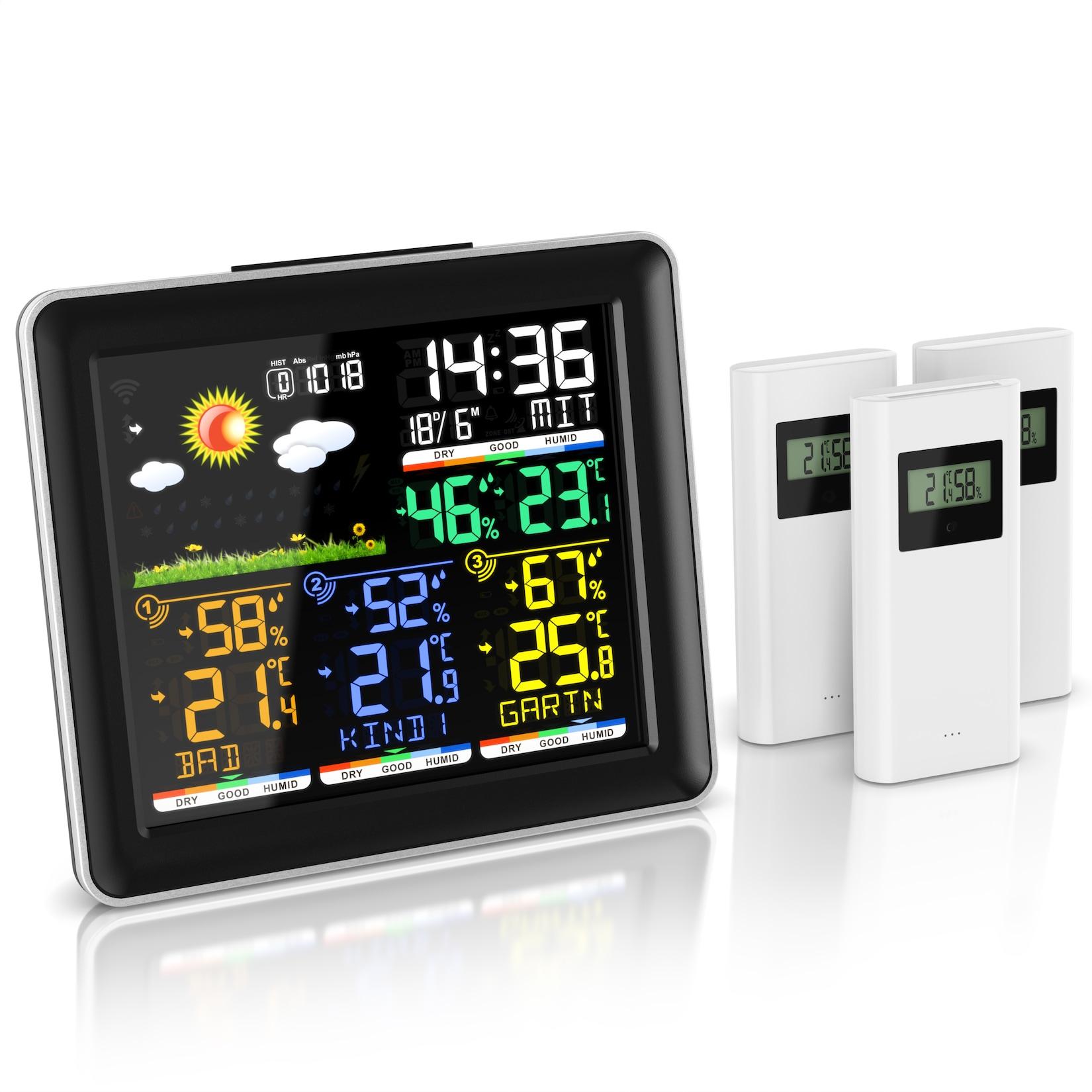 BEARWARE Funk, mit Farbdisplay, Wireless Funksensor/Außensensor, DCF Funkuhr Wetterstation (mit Außensensor, Luftdruck, Wettervorhersage, Barometer, Wecker, Alarm, Snooze)