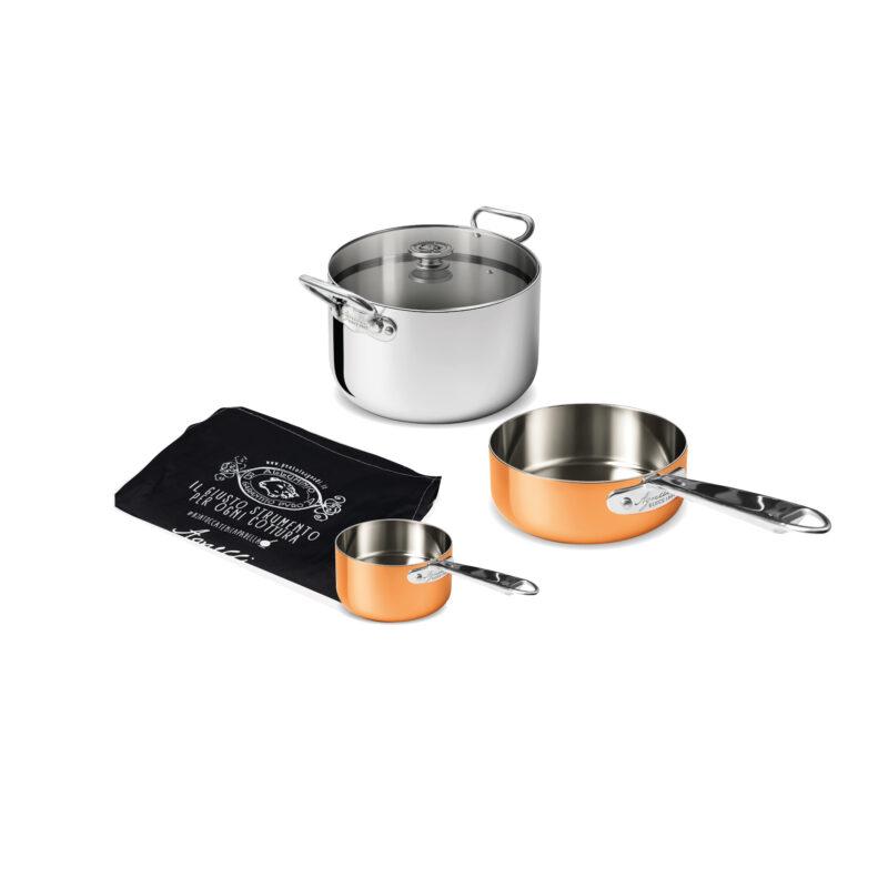 Agnelli - 3-teiliges Risotto-Set - 3-lagiger Stahl und Kupfer mit Holzbox
