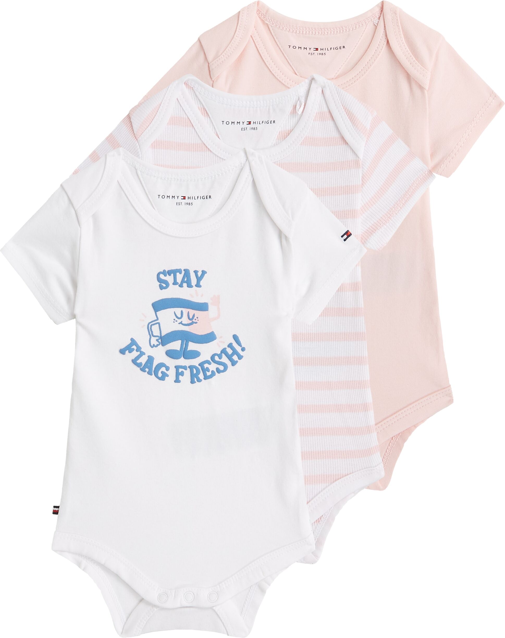 Kurzarmbody TOMMY HILFIGER "3 PACK BODY SS GIFTBOX", Jungen, Gr. 74, N-Gr, rosa (precious pink), Jersey, Obermaterial: 93% Baumwolle, 7% Elasthan, unifarben, körpernah, Rundhals, eingesetzt normaler Saum, Bodys Kurzarmbody, aus weicher Baumwollmischung pr