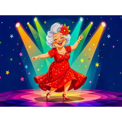 CALVENDO Puzzle Oma tanzt lachend im roten Kleid auf heller Bühne | 1000 Teile Lege-Größe 64x48cm Foto-Puzzle für glückliche Stunden
