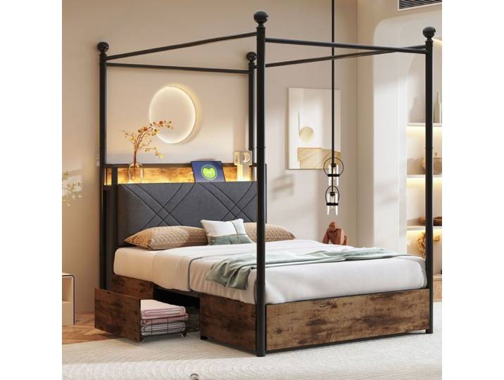 Lit simple - SOGEU - Lit Multifonction 90x190 - Fer forgé - Baldaquin amovible - LED & USB/Type-C